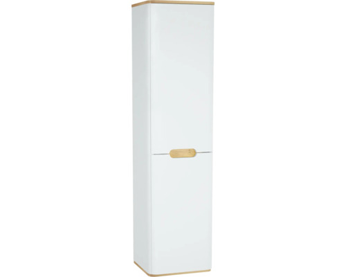 Weißer Hochschrank mit zwei Türen und Holzgriffen