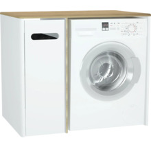 Waschmaschine mit Wäscheschrank und Holzplatte