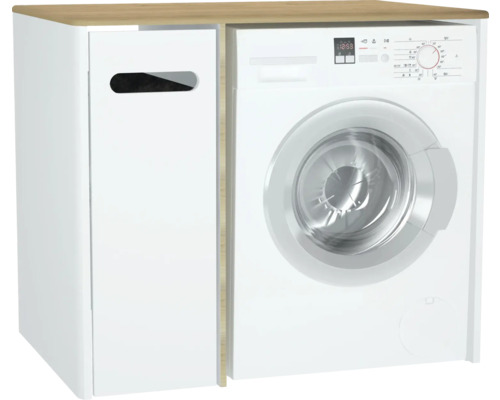 Waschmaschine mit Wäscheschrank und Holzplatte