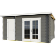 Abri de jardin gris avec porte double et porte simple