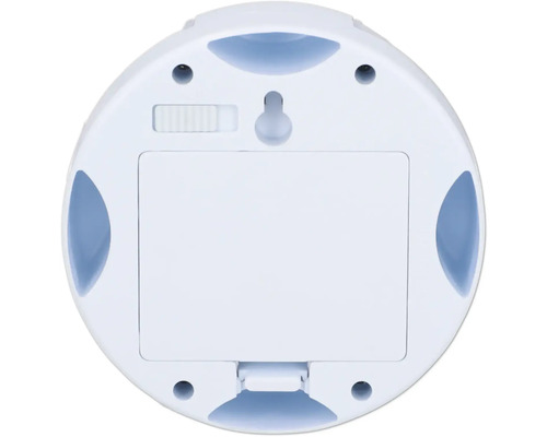 Rückseite einer runden Lampe mit Schalter, Batterieabdeckung und Aufhängevorrichtung.