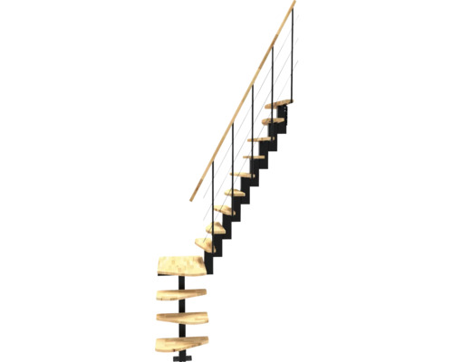 Mittelholmtreppe schwarz 1/4-gewendelt Relinggeländer Buche Lackiert 13 Stück Stufen - 13 Steigungen Spindeltreppe mit Holzstufen und Metallgeländer