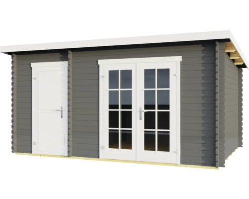 Abri de jardin en bois gris avec double porte et porte simple.