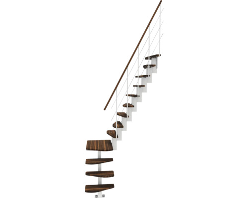 Mittelholmtreppe weiss 1/4-gewendelt Relinggeländer Walnuss Lackiert 13 Stück Stufen - 13 Steigungen Treppe mit Holzstufen und Metallgeländer