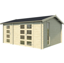 Abri de jardin en bois avec fenêtres et toit foncé