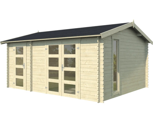 Abri de jardin en bois avec fenêtres et toit foncé