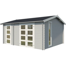 Abri de jardin gris en bois avec fenêtres et portes