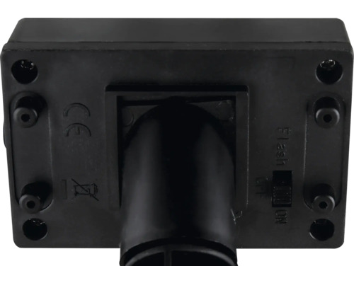 Rückansicht einer Solarlampe mit Schalter zur Einstellung von Blitz, Aus und Ein