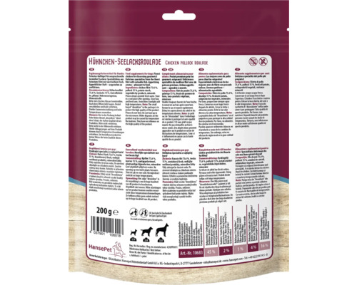 Hansepet Hühnchen Seelachs Roulade für Hunde, Ergänzungsfuttermittel