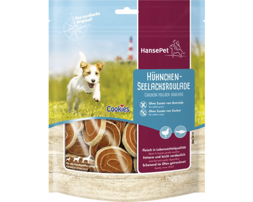 Hundesnack Cookies Hähnchenseelachs Roulade 200g Hansepet Chicken Pollock Roulade Hundekekse in der Verpackung