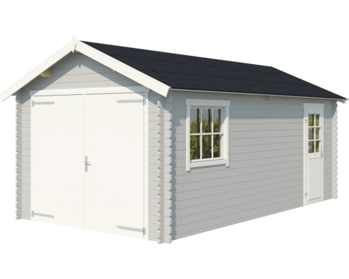 Abri de jardin en bois avec double porte, fenêtres et toit à deux pentes