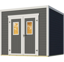 Abri de jardin gris avec double porte et fenêtres