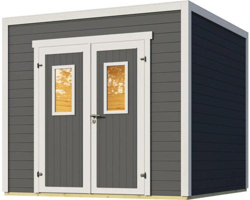 Abri de jardin gris avec double porte et fenêtres