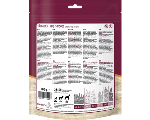 Hansepet Hühnchen Reis Stickies Hundenahrung, Zusammensetzung und analytische Bestandteile