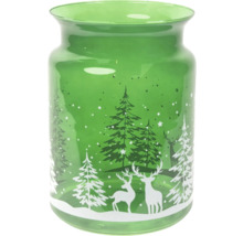 Grüne Glasvase mit Hirsch- und Tannenbaumdekor