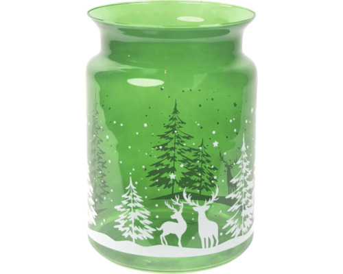Windlicht Wald Glas Ø 18 cm H 25 cm grün Grüne Glasvase mit Hirsch- und Tannenbaumdekor