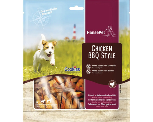 Paquet de biscuits pour chiens Hansepet Chicken BBQ Style avec un chien dans l''herbe