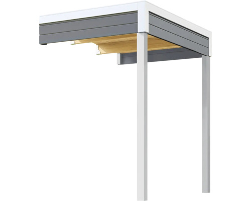 Extension de toiture abri de jardin Outdoor Life Felix 1,5/Fynn 1,5 150 x 200 cm vert gris Vue détaillée d''un toit de terrasse avec une sous-construction en bois et un toit à lamelles