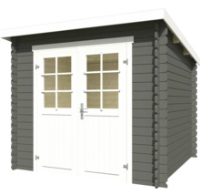 Abri de jardin gris avec double porte et fenêtres