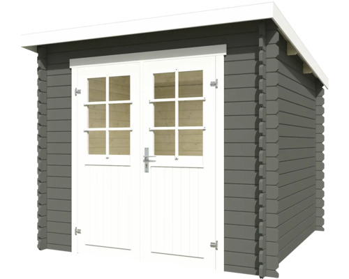 Abri de jardin gris avec double porte et fenêtres