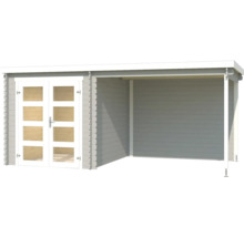 Abri de jardin en bois avec double porte et terrasse couverte