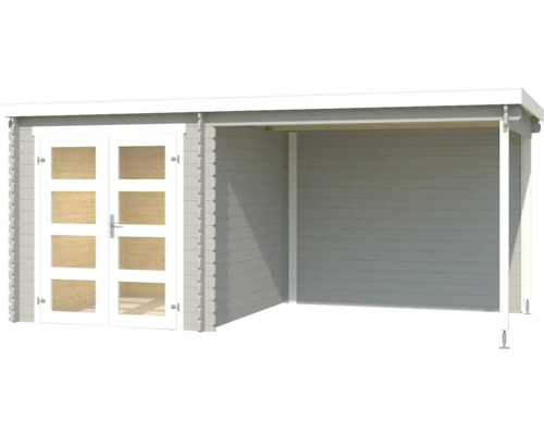 Abri de jardin en bois avec double porte et terrasse couverte