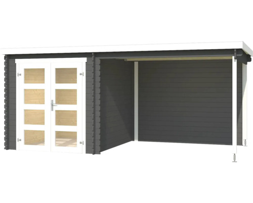 Abri de jardin en bois avec double porte et véranda couverte