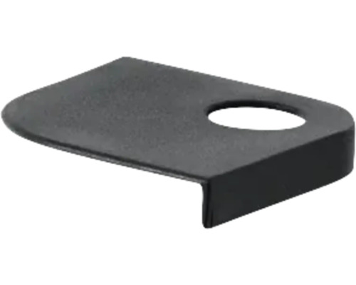 Schwarzer Möbelknopf aus Metall mit rechteckiger Grundform und Loch zur Befestigung.