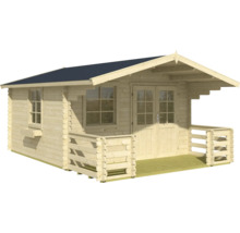 Maison en madriers avec fenêtres, double porte et petit auvent