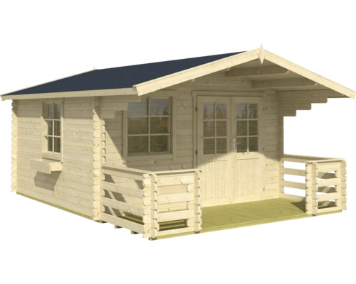 Maison en madriers avec fenêtres, double porte et petit auvent