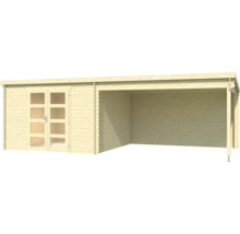 Abri de jardin en bois avec double porte et terrasse couverte