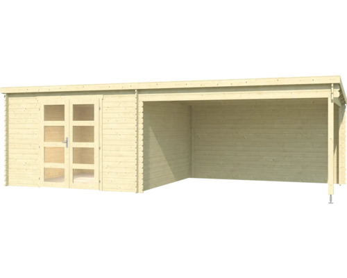 Abri de jardin en bois avec double porte et terrasse couverte