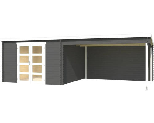 Abri de jardin en bois avec double porte et auvent latéral