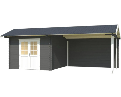 Maison en madriers avec double porte et auvent