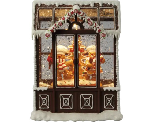 Lanterne flottante LED Konstsmide maison en pain d’épices H 21,5 cm couleur d'éclairage blanc chaud sur batterie avec minuterie 5 heures Maison en pain d''épices décorative avec des bonshommes en pain d''épices et de la neige comme décoration de Noël
