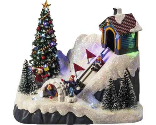 Piste de luge LED Konstsmide avec musique h 18,5 cm longueur du câble 1,8 m 19 LED couleur d'éclairage multicolore sur batterie avec minuterie de 6 heures Village miniature de Noël avec sapin, igloo et piste de luge