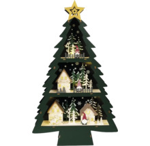 Dekorativer Weihnachtsbaum aus Holz mit Häusern und Figuren