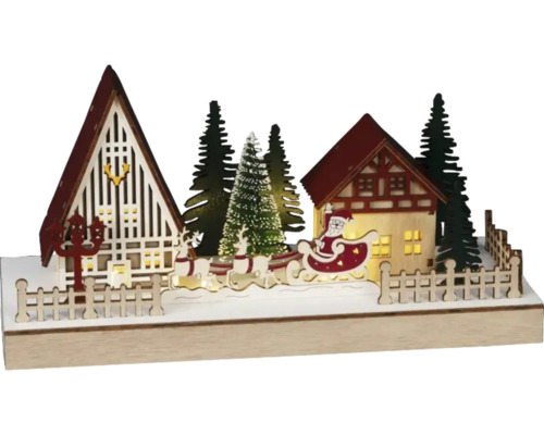 Village de Noël Konstsmide 28 x 11 x 13,6 cm, 4 LED couleur d'éclairage blanc chaud avec minuterie 6 heures Paysage de Noël décoratif avec maisons, sapins, rennes et Père Noël en traîneau