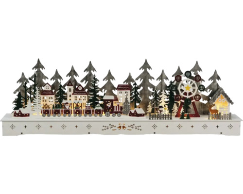 Village de Noël LED en bois Konstsmide 15 LED couleur d'éclairage blanc chaud fonctionnement sur piles avec minuterie 6 heures Décoration de Noël avec train, maisons, sapins et grande roue sur un socle