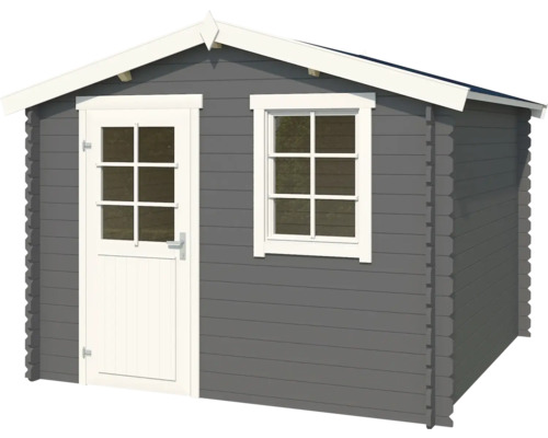 Abri de jardin gris avec fenêtre et porte