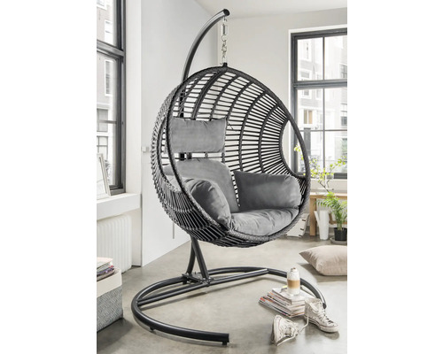 Chaise-hamac Destiny 100 x 90 x 196 cm poly rotin aluminium acier ,beige gris Fauteuil suspendu avec structure et coussins gris dans un salon