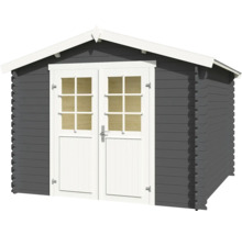 Abri de jardin gris avec double porte et fenêtres