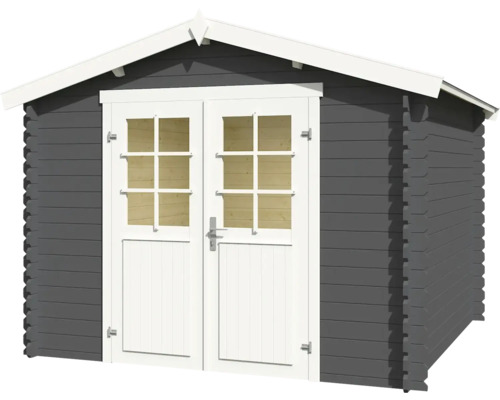 Abri de jardin gris avec double porte et fenêtres