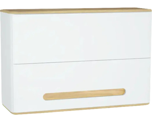 Weißer Hängeschrank mit zwei Schubladen und Holzgriffen