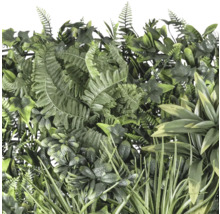 Gros plan d''une haie artificielle avec diverses feuilles vertes et fougères.