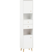 Armoire blanche étroite avec deux tiroirs, deux compartiments et deux portes