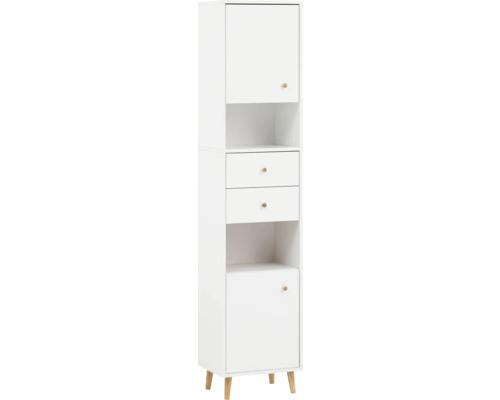 Armoire haute Möbelpartner Bjarne lxhxp 40.3x180.6x33.05 cm couleur de façade blanc Armoire blanche étroite avec deux tiroirs, deux compartiments et deux portes