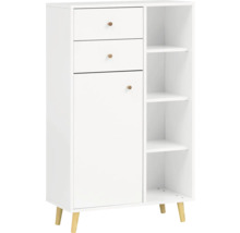 Armoire blanche avec trois tiroirs, une porte et des étagères ouvertes