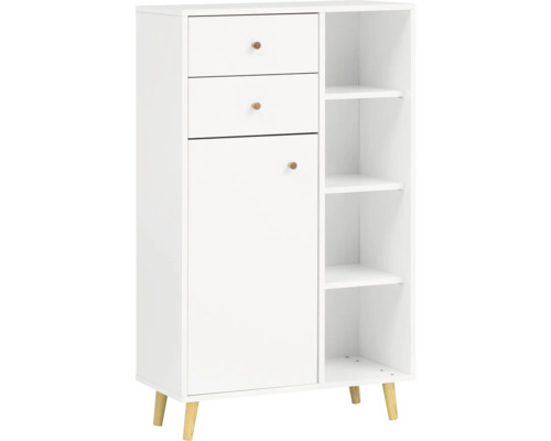 Armoire blanche avec trois tiroirs, une porte et des étagères ouvertes