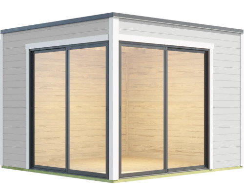 Abri de jardin moderne avec portes coulissantes en verre